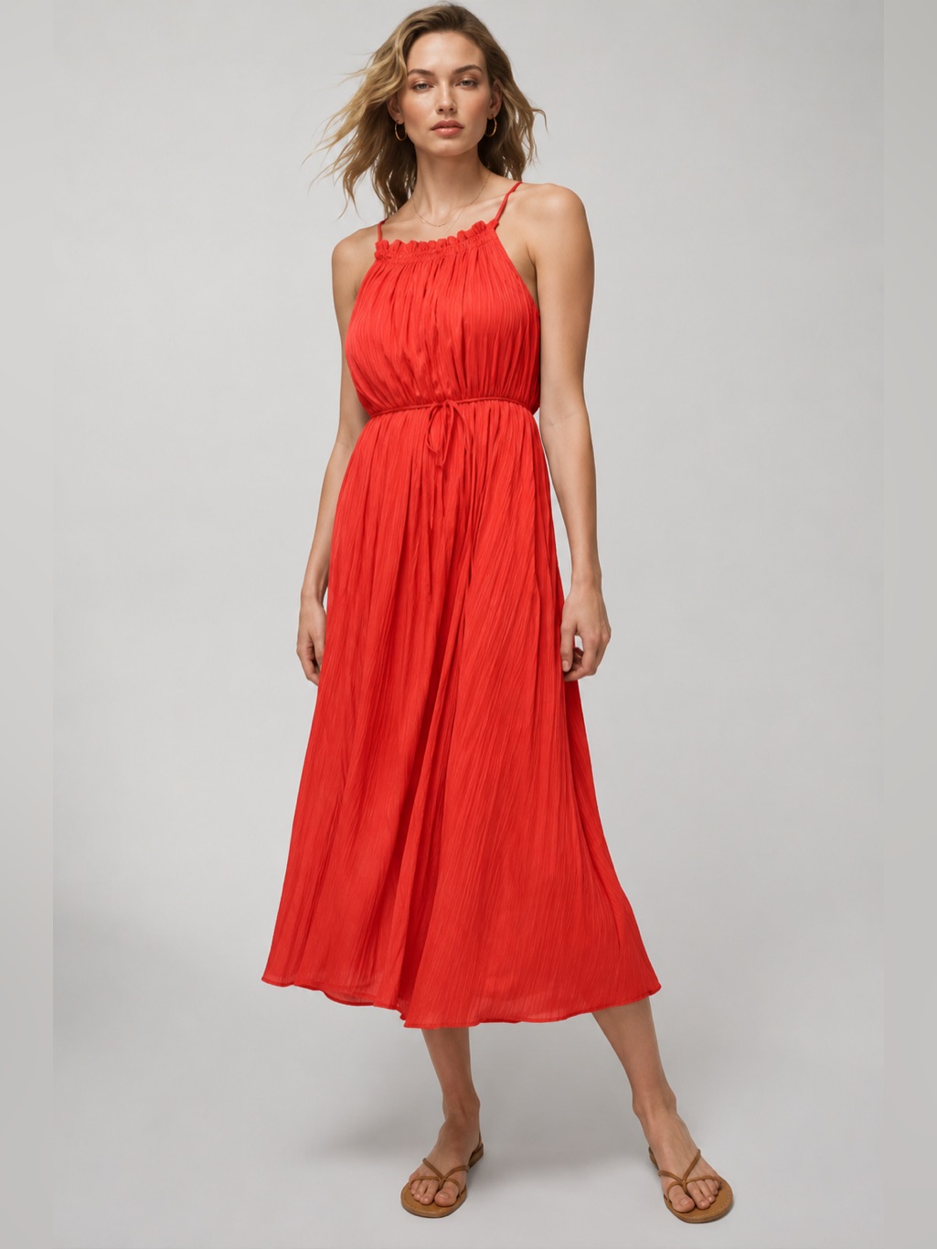 Womens Sleeveless Belted Midi Dress In Coral